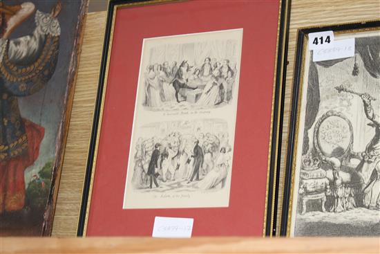 Bohn after Gillray, engraving, A kick at the board bottoms, 26 x 36cm and an engraving by George Cruikshank, Boar in the company, li